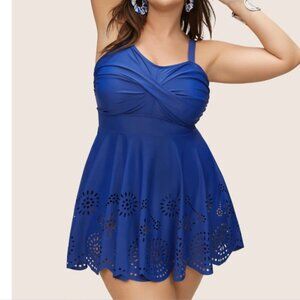 NWT BloomChic One-Piece Blue Swimdress  Sz 22 Laser-Cut Skirt